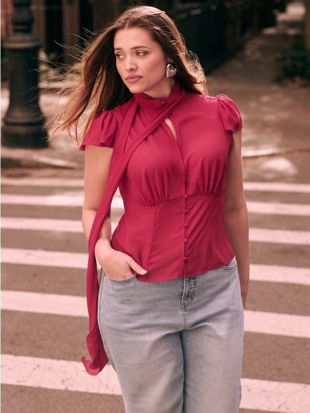 Eloquii Flutter Sleeve Top With Necktie